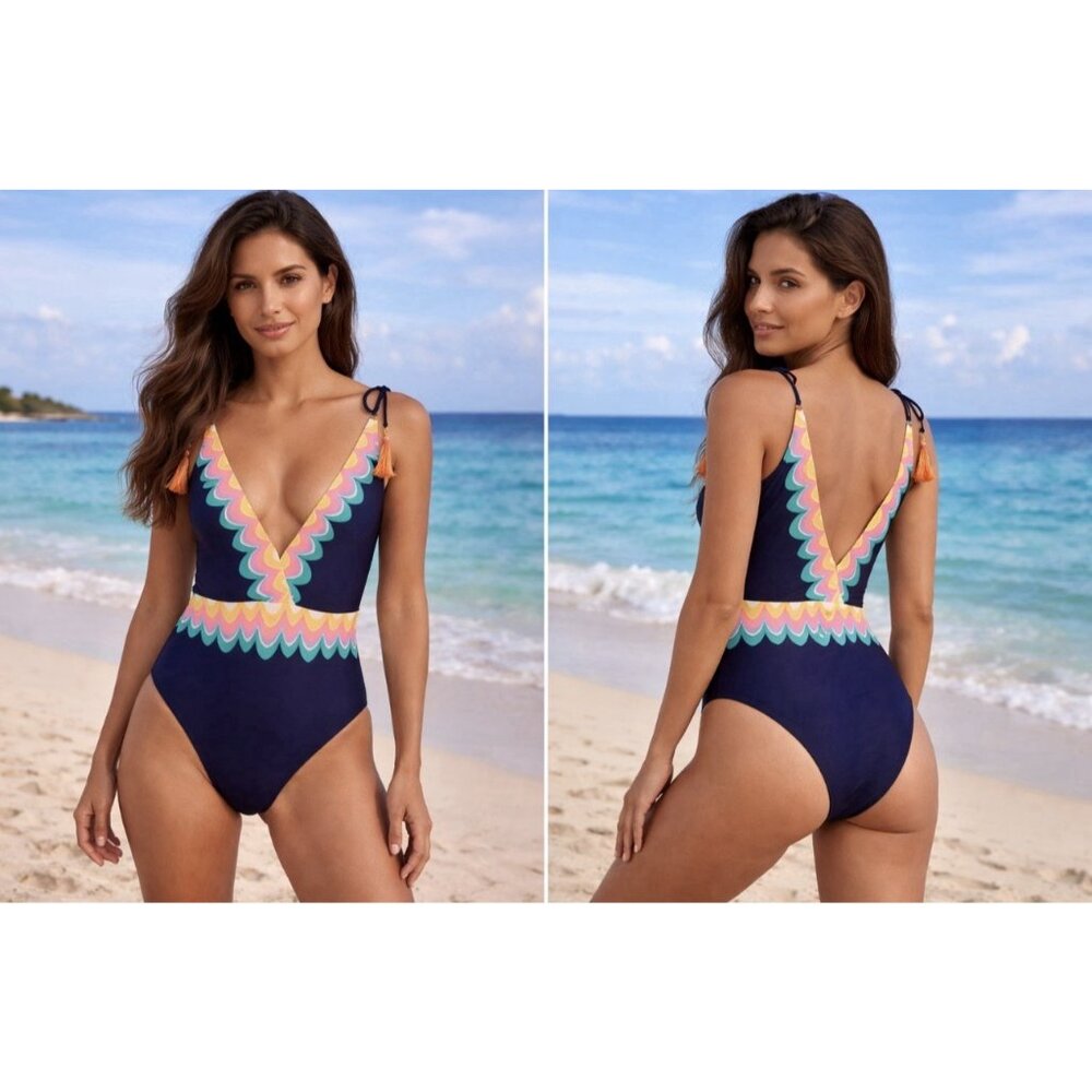 Sunshine 79 Women's 8 New Wave Plunging One Piece Swimsuit Tassels $162